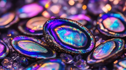 A close-up of iridescent abalone shells showcasing vibrant colors and textures.