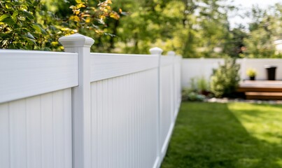 White vinyl fence in residential backyard; grass, deck, and trees in background