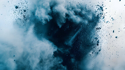 Blue powder explosion, abstract art, white background, design element