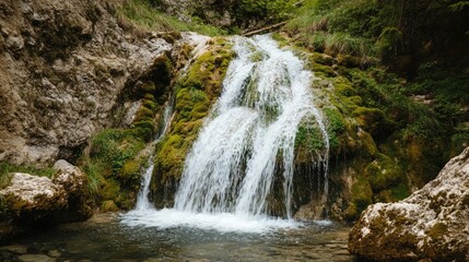 Fototapeta premium A cascading waterfall in a tranquil forest, surrounded by moss-covered rocks