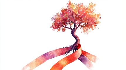 A whimsical tree with vibrant autumn leaves entwined with colorful ribbons.