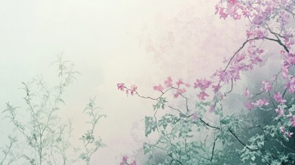 Soft watercolor transition with pale mint hues and delicate pink blossoms in a serene natural setting