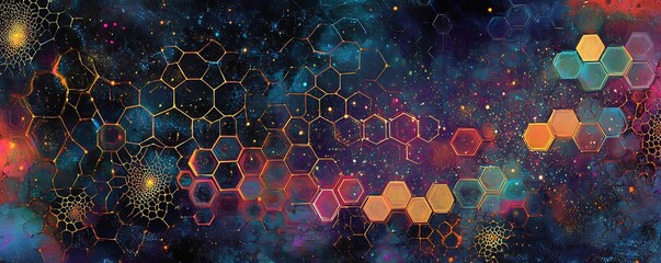 A vibrant cosmic background featuring hexagonal patterns amidst a swirl of colors, representing the intersection of science and art in a mesmerizing display of creativity.