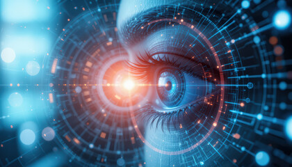 Obraz premium Eye scanning biometric technology concept. For banner, poster or wallpaper background. 