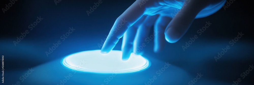 Aufkleber Robotic hand interacts with glowing virtual button in futuristic setting. Generative AI