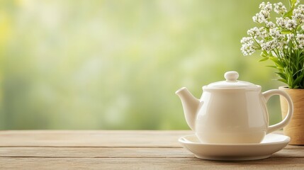 Fototapeta premium Elegant Teapot and Fresh Flowers on Table in Natural Light