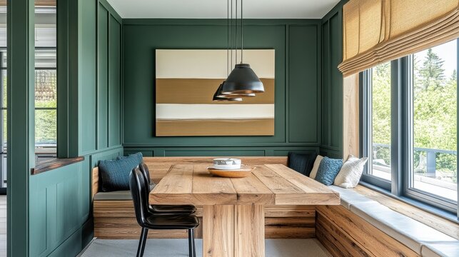 Dining area featuring a forest-themed color palette with modern decor and cozy seating arrangement perfect for gatherings
