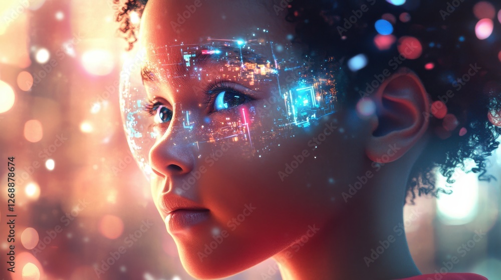 Aufkleber conceptual portrayal of a child's face reflecting a digital landscape with vibrant colors and techno