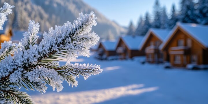 Frozen pine branch with wooden cottages in winter wonderland in ukraine