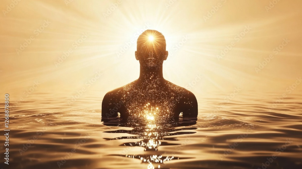 Aufkleber man radiating light while standing in calm water at sunrise among glowing particles in a serene sett