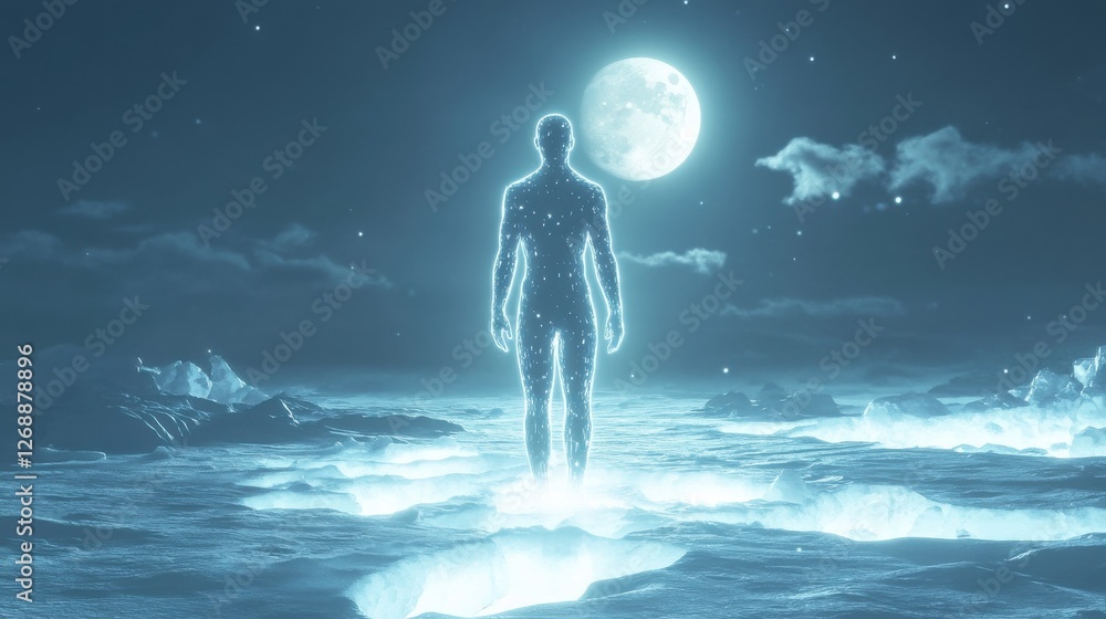 Aufkleber man glowing with ethereal light stands on a misty landscape illuminated by a large moon at night