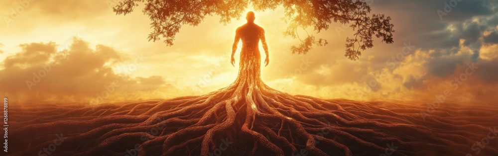 Aufkleber man glowing with energy amidst tree roots at sunset in a serene environment