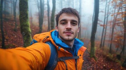Young adventurer captures a moment in the misty forest during an autumn hike
