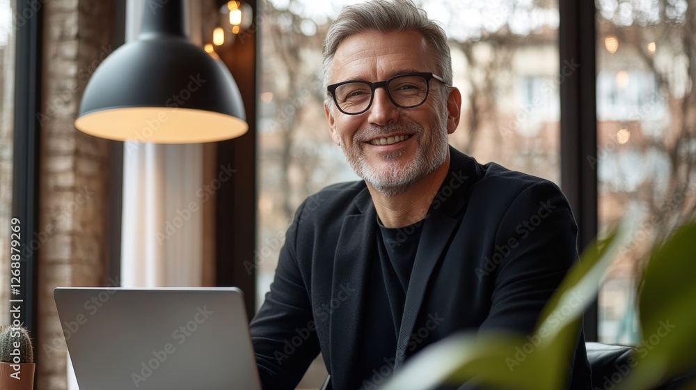 Aufkleber Capturing a calm and productive moment with a smiling professional in a cozy workspace by the window