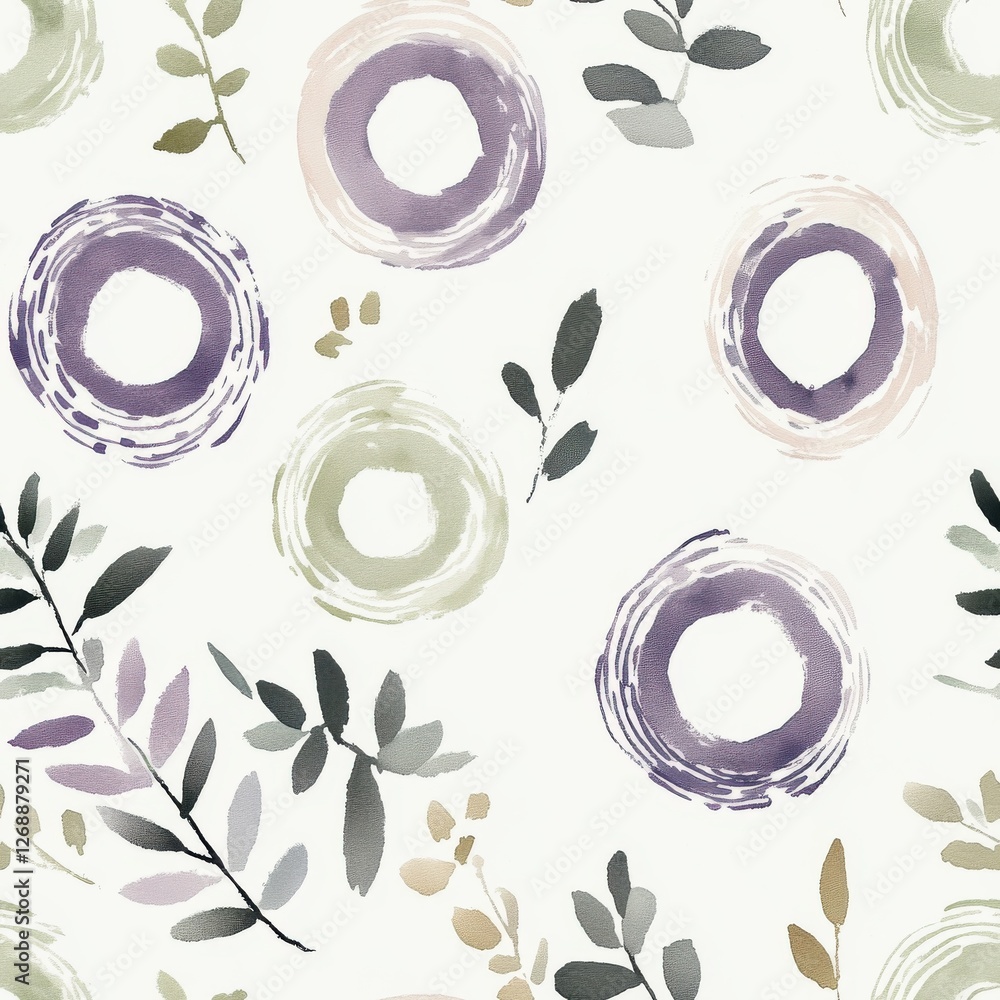 Poster calming watercolor doodle designs featuring circular patterns and leaves in soft hues