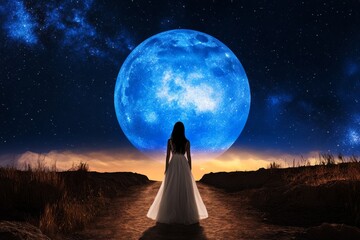 Woman in White Gown Facing Blue Moon - A solitary woman in a flowing white gown stands on a path, gazing at an immense blue moon under a starry sky