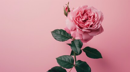 A beautiful pink rose in full bloom against a pink background. The rose has velvety petals and dark green leaves.