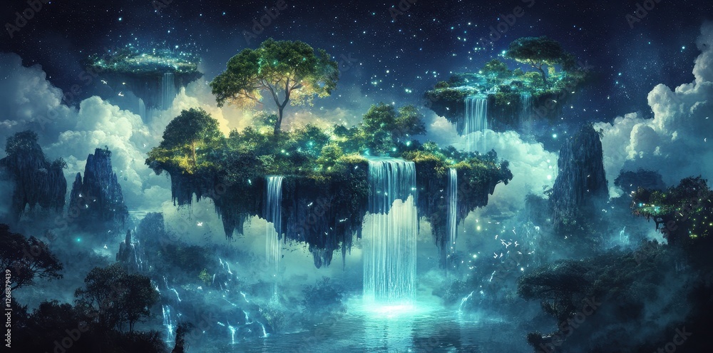 Poster magical floating islands with glowing trees and cascading waterfalls