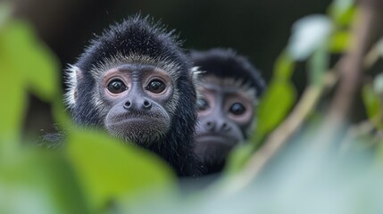 Obraz premium Close-up of two baby monkeys in jungle foliage. Possible use Nature, wildlife stock photo