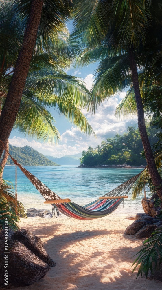 Poster Serene beach view with hammock shaded by palm trees and gentle waves lapping at the shoreline on a sunny day