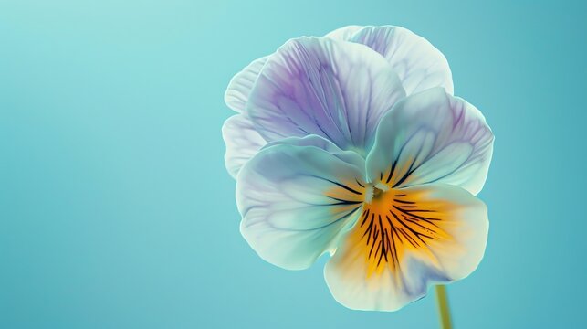 A beautiful close-up of a pansy flower in full bloom against a blue background.