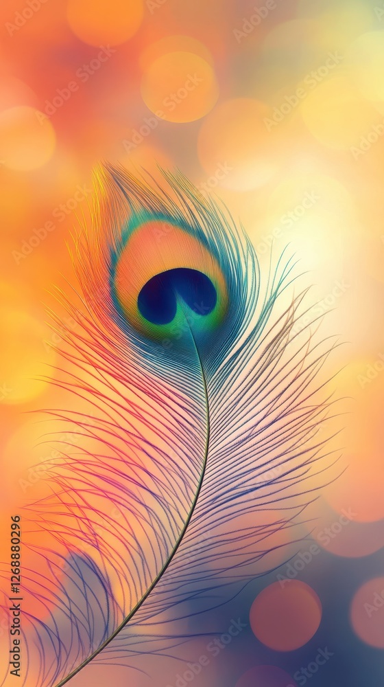 Poster close-up view of a vibrant peacock feather with colorful background and soft lighting