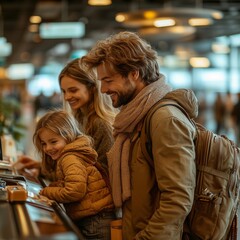 A family of travelers with suitcases ready for their adventure. Generative AI