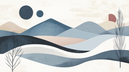 Abstract landscape features rolling hills with celestial bodies above