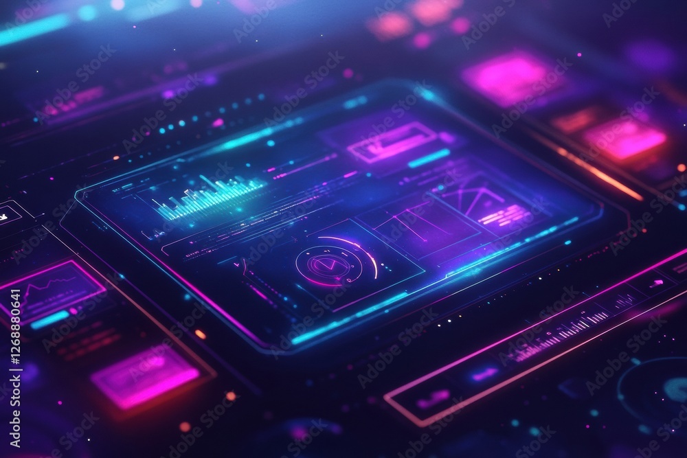 Poster Futuristic digital interface displaying analytics in vibrant colors during a technology presentation. Generative AI