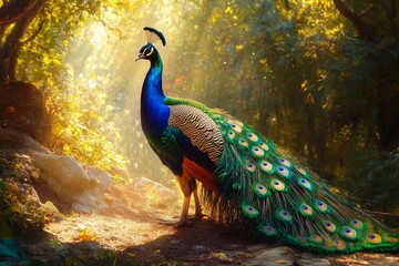 Obraz premium Majestic peacock with colorful plumage in sunlight.