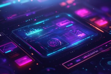 Futuristic digital interface displaying analytics in vibrant colors during a technology presentation. Generative AI