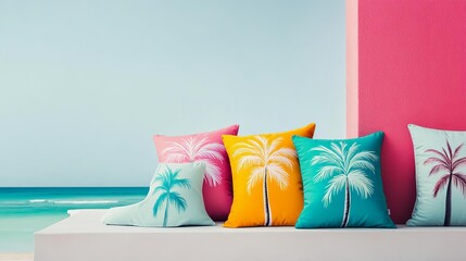 Vibrant pillows with tropical palm tree designs, styled on a beach-inspired deck