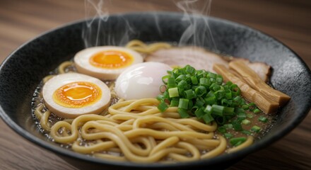 Delicious Ramen Bowl with Soft Egg and Green Onions Steaming