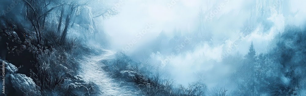 Poster winter landscape featuring a winding path through a foggy forest with snow-covered trees and a seren