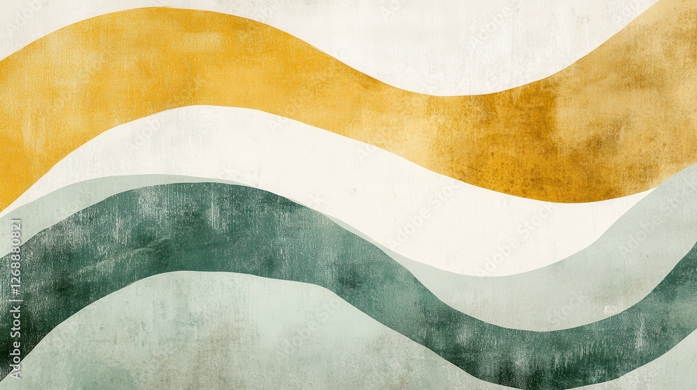 Poster Muted green and gold pencil strokes create harmonious arcs on a textured background in a modern abstract style