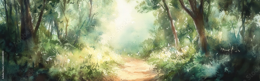 Poster Serene forest pathway illuminated by soft sunlight filtering through lush greenery in a tranquil setting
