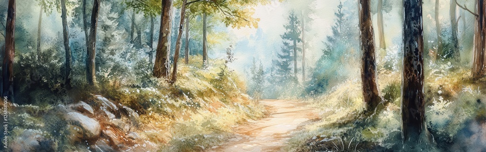 Aufkleber serene forest path winding through lush greenery with soft sunlight filtering through trees at dawn