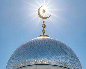 A Glimmering Crescent Moon and Star Adorn the Majestic Dome of a Sparkling Mosque Under the Radiant Sun