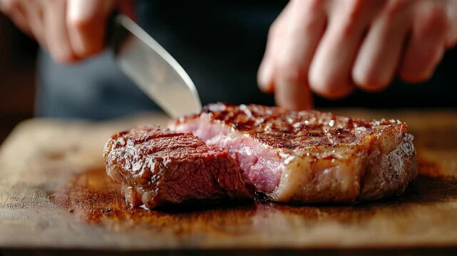 Juicy Steak Sliced with Precision on Wooden Cutting Board