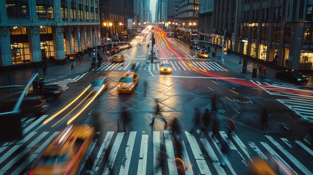 Motion blur image of a busy urban street intersection at night with people crossing the road