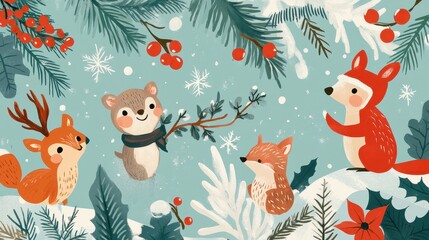 Naklejka premium Cute animals gather in a whimsical winter wonderland scene