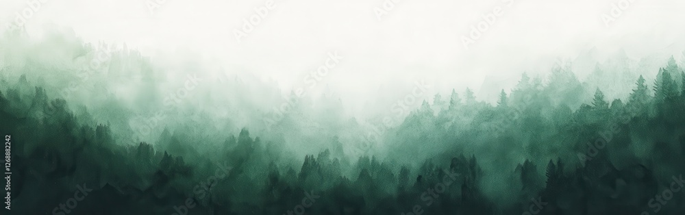 Leinwandbilder soft gradient pencil strokes create a serene landscape of misty green forests transitioning softly