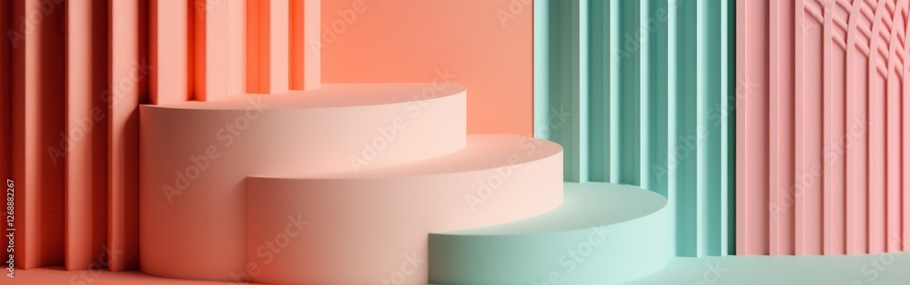 Aufkleber Soft muted coral and mint arcs create a modern design in a serene setting with a focus on geometric shapes
