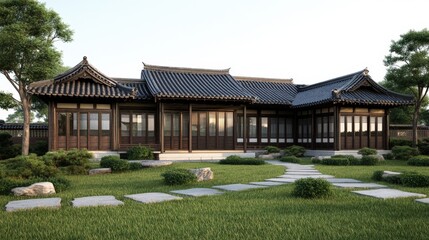 Obraz premium House with stone pathway in front surrounded by nature in kyoto japan travel destination