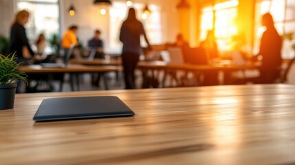 Fototapeta premium Laptop on a table in a spacious office room with multiple workstations and bright lighting