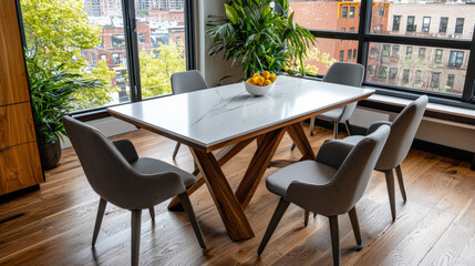 Fototapeta premium Modern dining table with marble top and wooden base, surrounded by stylish chairs. bowl of oranges adds fresh touch