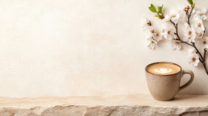 Latte art with cherry blossom branch on light stone