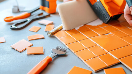 Hands on tutorial vibe with person demonstrating tile installation techniques using tools and orange tiles
