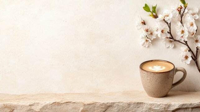 Latte art with cherry blossom branch on light stone