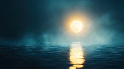 Fototapeta premium A serene night scene featuring a large moon illuminating a calm water surface, surrounded by soft fog, Ideal for use in themes of tranquility, nature, or nighttime landscapes,